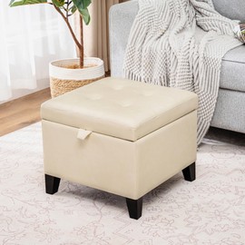 Asense 17 Inch Faux Leather Ottoman with Storage, Square Ottoman Footstool Upholstered Footrest for Couch Entryway Bedroom Living Room, Beige
