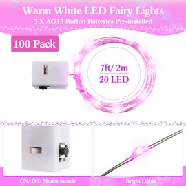 100 Pack Fairy Lights Battery Operated 3 Speed Modes, 7 Ft/ 2 M 20 LED Battery String Mini Lights Waterproof Wire Twinkle Lights Party Favors for Wedding Birthday Vases Flower Decor (Pink Light)