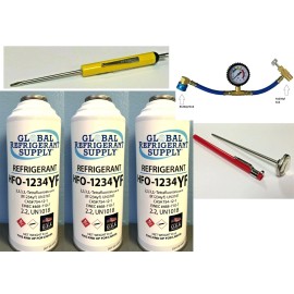 Global Refrigerant Supply Refrigerant HFO-1234yf  Automotive A/C New Self-Sealing Cans Gauge Therm. Tool