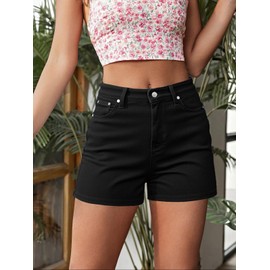 EMMIOL Women Jean Shorts High-Mid Waisted Stretchy Basic Wash Solid Denim Hot Shorts Boyfriend Casual Y2k Jorts for Summer Black L