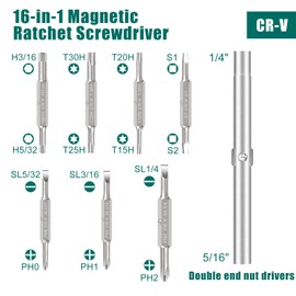 HYCHIKA Screwdriver Set 16-in-1 Ratcheting Screwdriver, Screw Driver Multi Bit All in One with Phillips, Slotted, Torx, Square, Hex bit and Double End Nut Driver