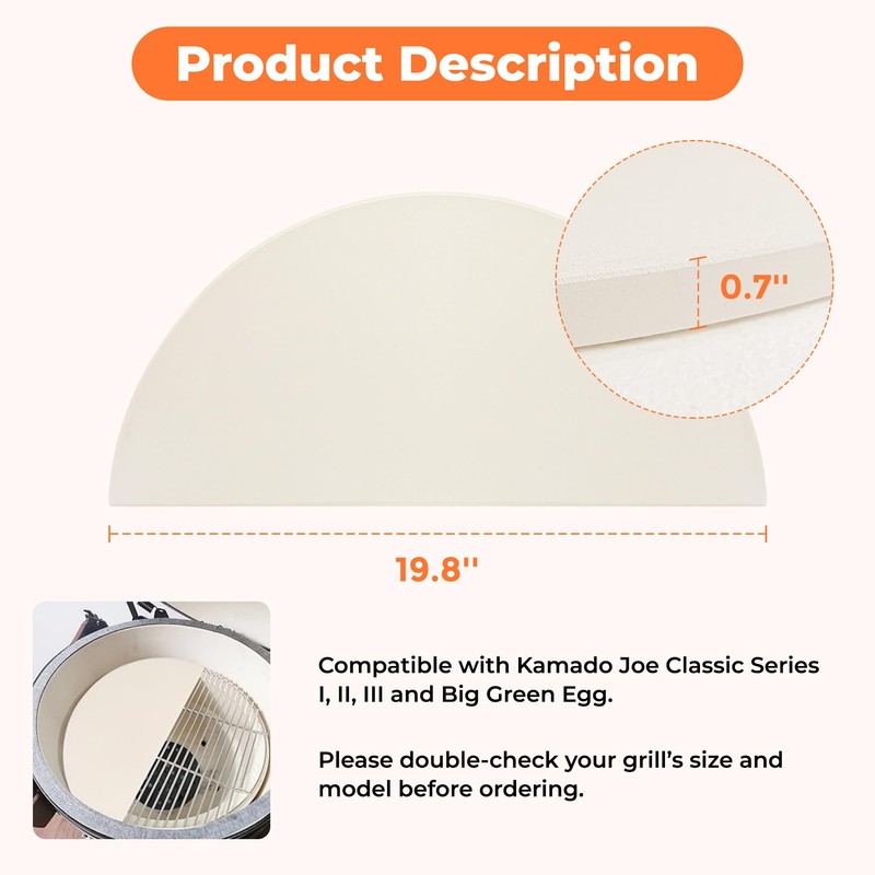 19.8'' Half-Moon Ceramic Heat Deflector Plates for Kamado Joe Accessories