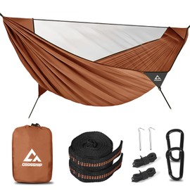 CROSSHIP Camping Hammock with Mosquito Net – Portable Parachute Nylon Hammock Tent with Tree Straps, Camp Rope & Stake - for Hiking, Backpacking, Travel, Backyard, Beach – Holds Up to 500lbs (Orange)