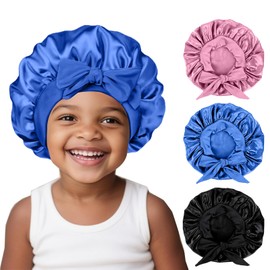 3 Pcs Kids Silk Bonnet for Sleeping - Baby Satin Bonnet for Sleep,Kids Hair Bonnets for Curly Hair Girls Boys with Wide Elastic Band,Sleeping Cap for Teens Toddler Child (Blue+Rose Gold+Black)