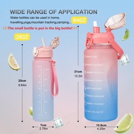 Half Gallon/64oz Daily Sports Water Bottle with Straw & Motivational Time Marker,BPA Free Plastic Water Jug,2 Liter Drinking Bottle for Fitness,Travel,Camp and Outdoor Sports(2Pack, Pink to Blue)