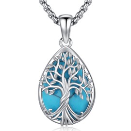 Friggem 925 Sterling Silver Tree of Life Necklace, Tree of Life Pendant Jewellery for Women Mother Girls with Gift Box, Sterling Silver, Turquoise
