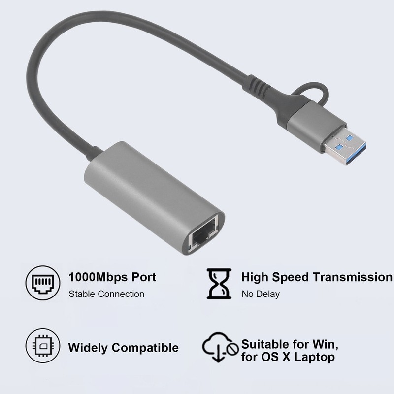 USB to Ethernet Adapter Type C RJ45 1000Mbps Aluminium Alloy
