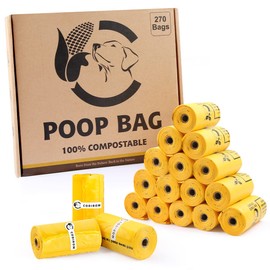 Certified Compostable Dog Poop Bags, 270 Count Landfill Friendly and Leakproof Waste Bags, Easy Open Unscented Maize Yellow Poop Bag for Dog, 15 Doggy Bags Per Roll (18 rolls)