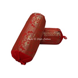 Stylo Culture Ethnic Polydupion Elephant Tube Body Bolster Pillow Covers Red Golden Elephant Round Brocade Large Couch Round Cylinder Cushion Covers (Set of 2) | 30x15 Inches (76x38 cm)