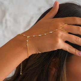 XSBODY Rhinestone Gold Hand Chain Bracelet for Women Non Tarnish Jewelry Adjustable Ring Bracelet Hand Chain Stackable