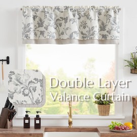 jinchan Linen Valance Curtain Farmhouse Window Decor Gray Floral Print for Kitchen Living Room Double Layer Blackout Valance 18 Inches Rustic Window Treatment 1 Panel Rod Pocket Grey on Beige