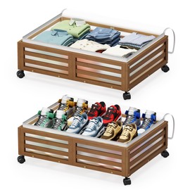 Under Bed Storage Containers With Wheels - 2 Pcs Bamboo Wood Rolling Underbed Shoe Storage Bins With Dust Bags for Clothes Blankets, Duvet Covers Snacks Toys (Walnut)