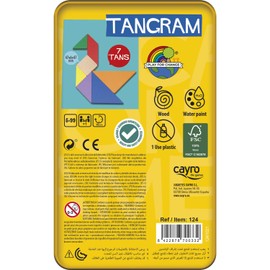 Cayro – Tangram – ab 7 Jahren – farbige Holzteile – Lernbrettspiel – ideal für Kinder und Erwachsene – 7 Tans, 1 Metallbox und illustriertes Buch - Entwicklung kognitiver Fähigkeiten und Intelligenz
