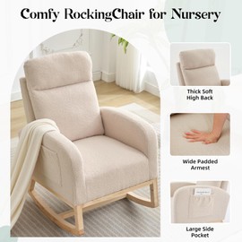 SLEKVERSA Rocking Chair Nursery,Glider Chair Nursery Chair with High Back and Side Pocket, Rocking Accent Armchair with Rubber Wood Legs for Living Room/Bedroom/Nursery