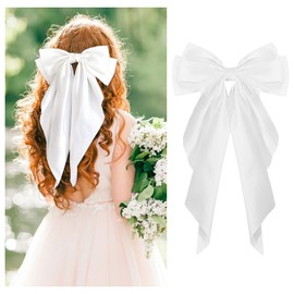 1PC Satin Hair Bows for Women Large Hair Barrettes Ribbon for Girls Giant Long Bow Hair Clips Ponytail Holder Silk Big Hair Clips Accessories for Women(White)
