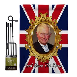 God Save The King Garden Flag Set with Stand Sweet Life Biography Remembrance Memorial Postive Small Decorative Gift Yard House Banner Made In USA 13 X 18.5