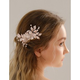 Wekicici Vintage Flower Wedding Hair Comb Rose Gold Leaf Flower Headpiece Bridal Crystal Pearl Hair Piece for Bride Wedding Hair Accessories for Women