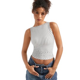 SUUKSESS Women Double Lined Sleeveless Going Out Basic Tank Tops Ruched Summer Casual T Shirts (Polka Dots, Large)