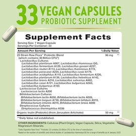 Raw Flora Probiotics with Prebiotics | 30 Billion CFU | 33 Daily Digestive Capsules | Vegan, Non-GMO & Gluten Free Supplement for Women and Men