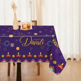 2 manteles desechables Diwali, manteles rectangulares festivos, morados, para celebración de Diwali, suministros de decoración de fiesta temática, 86 x 51 pulgadas