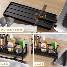 Kitchen Sink Caddy Organizer, Sponge Holder for Kitchen Sink with Auto-Drain, Rustproof Dish Cloth Holder with Removable Divider, Soap Dispenser Storage-Black