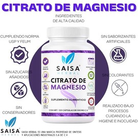 Citrato de magnesio y Citrato de Potasio | 120 cápsulas cada uno | Suplemento Alimenticio | Saisa Herbal Sin sabor | Alta biodisponibilidad | Apoyo de