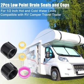 COBATANG 2Pcs Low Point Drain Seals and Caps for 1/2 Inch Hot & Cold Water Lines, Plastic Water Heater Drain Plug with Tape Compatible with RV, Camper, Travel Trailer