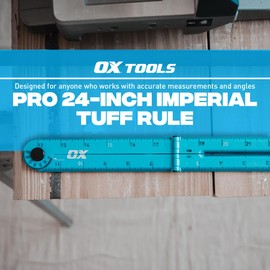 OX Tools Pro 24 Inch Cyan Imperial Tuff Construction Ruler with 3 Quick Measure Sections & Easy Angle Finder