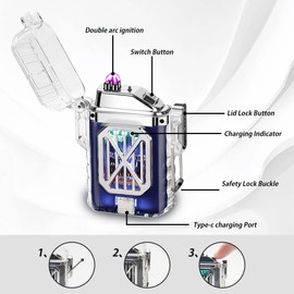 TIKIUKI Windproof Lighter Tactical Outdoor Dual Arc Electric Lighters Rechargeable Flameless Plasma Lighter for Camping, Hiking, Outdoor Activities(Blue)