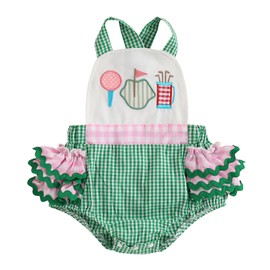 Newborn Baby Girl Summer Outfits Golf Bubble Romper Dress Ruffle Plaid Sleeveless Bodysuit Jumpsuit Infant Clothes (Green, 0-3 Months)