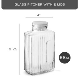 68oz Glass Pitcher with Lid (2 Lids), Rectangle Beverage Serveware and Storage Container for Cold Drinks and Liquids, Water Containers, 2 Quart Pitcher with Lid for Kool Aid and Lemonade