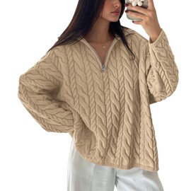 PRETTYGARDEN Womens Fall Sweaters 2025 Long Sleeve Quarter Zip Pullover Sweater Casual Loose V Neck Cable Knit Jumper Tops (Khaki, Large)