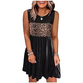 LANMERTREE Leopard Color Block Ruffled Sleeveless Mini Dress Womens Casual Sleeveless Loose Flowy Swing Shift Dress Boho Dress(Leopard Black1,L)