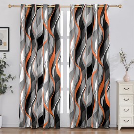weesire Orange and Grey Blackout Curtains Modern Striped Decorative 100% Light Blocking Darkening Grommet Orange Curtain for Living Room Villa, Bedroom 2 Panels Set, 52x84 Inches