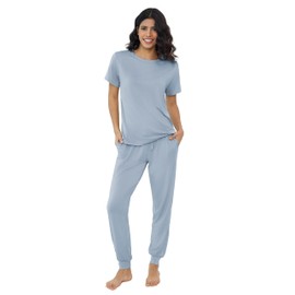 Joyaria Plus Bamboo Viscose Pajama for Women Cooling Breathable Soft Sleepwear Short Sleeve Lounge Jogger Set for Night Sweats(Dusty Blue,XXL)