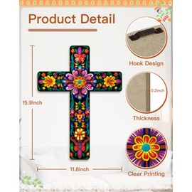 Putuo Decor Floral Cross Wall Decor Painted Decorative Wooden Inspirational Cross Spanish Style Wall Cross Decor Mexican Art Wall Decor Crucifix for Home Room Church Decoration
