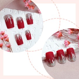 Rilafuvu Wine Red Press on Nails Medium Square Fake Nails Red Full Cover Acrylic False Nails with Design Glue on Nail Glitter Silver Nails Press ons Artificial Stick on Nail for Women 24Pcs