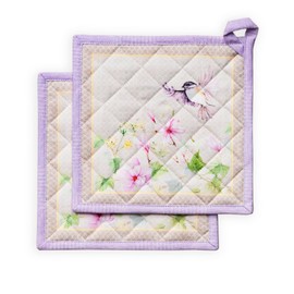 Maison d' Hermine Pot Holders 100% Cotton Set of 2 (20cm x 20cm) Easter Hot Pads Heat Resistant with Bow Pot Holder for Baking, Barbecue, Home, Magnolia Mornings - Spring/Summer