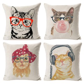 NYDECOR Throw Pillow Covers Cat Pillow Cases Animal Kitty Pillowcase Cotton Linen Cushion Cover for Couch Bed Sofa Patio Car,18" x 18",Set of 4