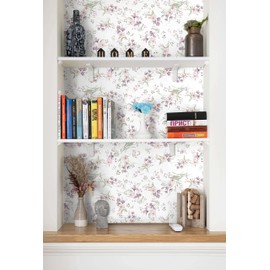 LiKiLiKi Peel and Stick Wallpaper Purple and Pink Floral Wallpaper Green Leaf Vintage Boho Self Adhesive Waterproof Contact Paper for Bedroom Bathroom Living Room Cabinets Vinyl Roll 17.3"x196"