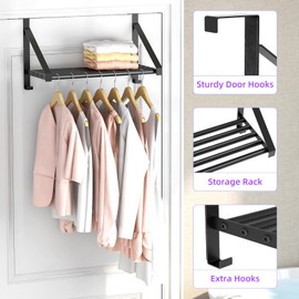 Over The Door Clothes Hanger with 2 Hooks, Stainless Steel Over The Door Hangers for Clothes with Storage Rack, Clothing Hanger Drying Racks for Laundry, Washroom, Fits Door Up to 1.77", Matte Black