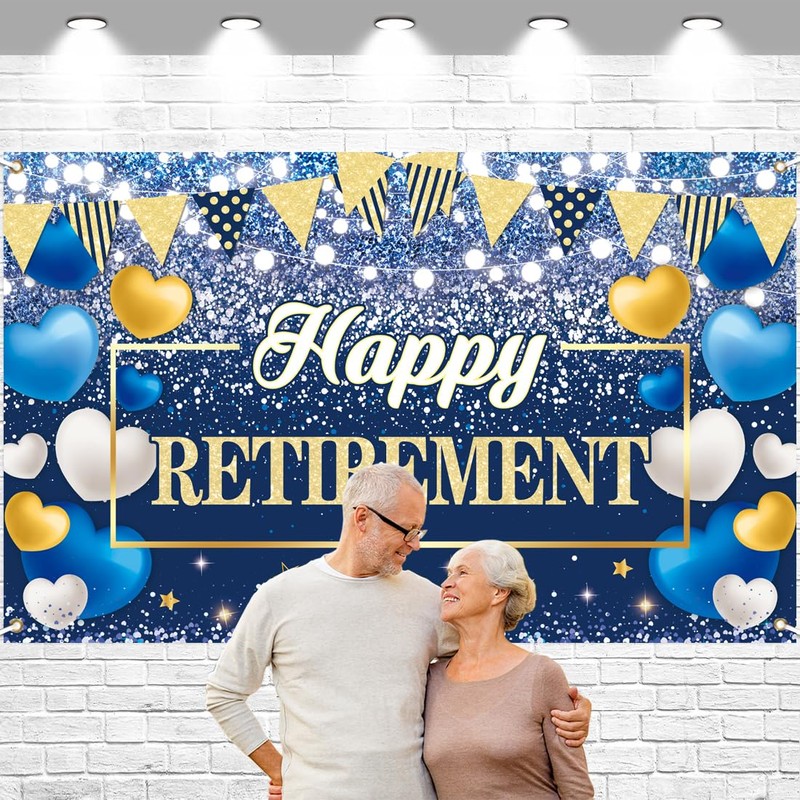 FHGG Happy Retirement Party Backdrop Banner Decorations Blue Gold Large