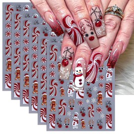 6PCS 3D Red Glitter Christmas Nail Art Sticker Snowflake Elk Gingerbread Man Candy Winter Decal 3D Self-Adhesive DIY Slider New Year Manicure Nail Art Decoration