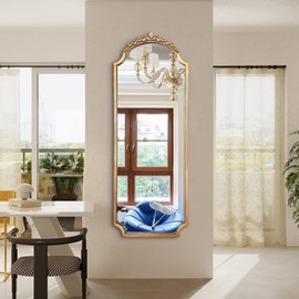 DAOYIJIAJU Large Gold Vintage Mirror, 53"x20" Arched Standing Floor Mirror, Ornate Baroque Mirrors, Traditional Carved Mantel Mirrors for Living Room Fireplace Bathroom Bedroom Entryway