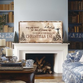 Farmhouse Christmas Wall Art Decor Vintage Santa Sleigh and Reindeer Canvas - May You Never Be Too Grown Up to Search for Christmas Eve Artwork Painting for Office Home Decoration, Framed 10x20inch