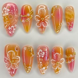 24Pcs Press on Nails – Gelbe Blumen Design, Einfache Linien, Mittel Almond, Vollständig Abdeckende Falsche Nägel für Frauen