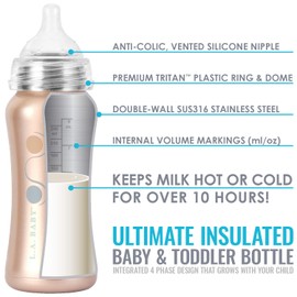 Stainless Steel Baby Bottle 9oz Insulated Baby Bottle | Insulate Milk for 10+ Hours | Non-Toxic Food-Grade Stainless Steel & Food-Grade Silicone Slow Flow Nipple | Leak-Free Design - Rose Gold