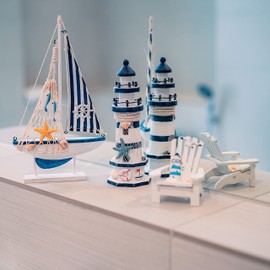 Flanacom Maritime Bathroom Decoration, Set of 3: Lighthouse, Sailing Ship and Beach Chair Made of Wood, Lovingly Designed Bathroom Accessories with Details