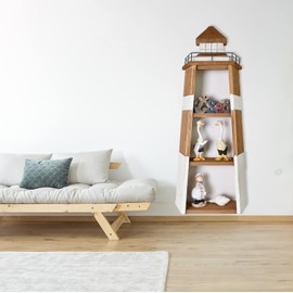 Aecipl Solid Wood Lighthouse Shelf Decorative Nautical Floating Shelves for Home Kitchen Bedroom Living Room - Beach Themed Wall Decor Wooden 3-Tier Display Shelves for Crystals Stones