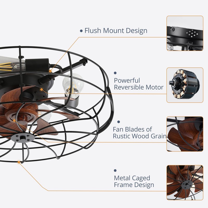 LEDIARY 20" Caged Ceiling Fans with Lights and Remote, Flush